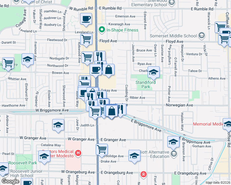 map of restaurants, bars, coffee shops, grocery stores, and more near 156 Tokay Avenue in Modesto