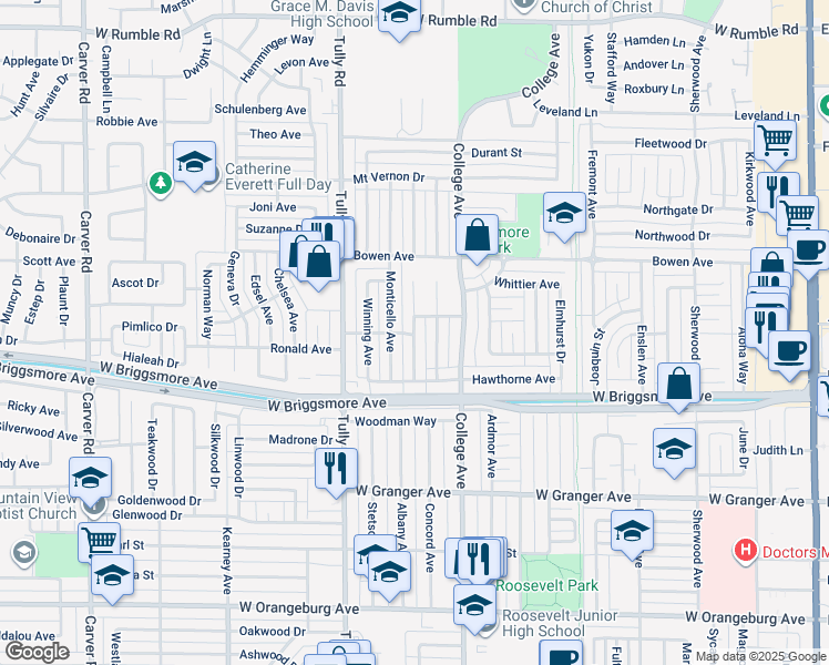 map of restaurants, bars, coffee shops, grocery stores, and more near 1914 Monte Verde Avenue in Modesto