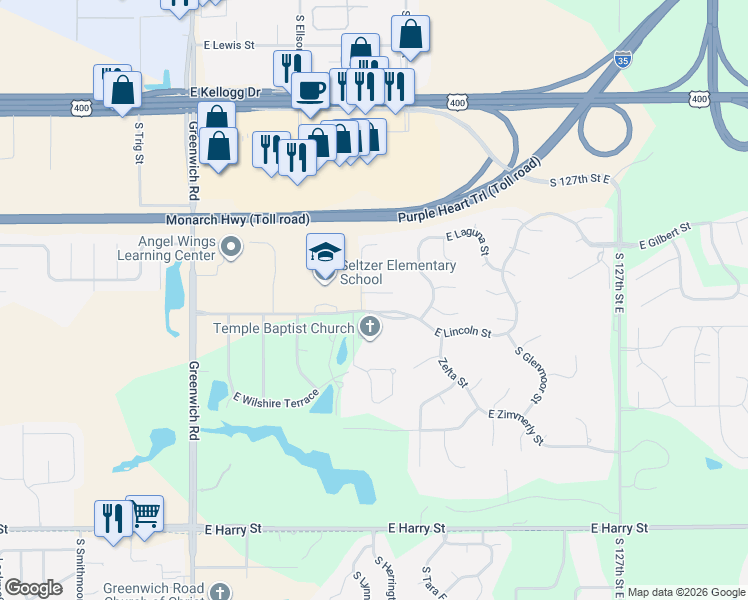 map of restaurants, bars, coffee shops, grocery stores, and more near 882 South Bedford Court in Wichita