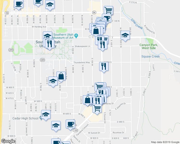 map of restaurants, bars, coffee shops, grocery stores, and more near 274 South 100 East in Cedar City