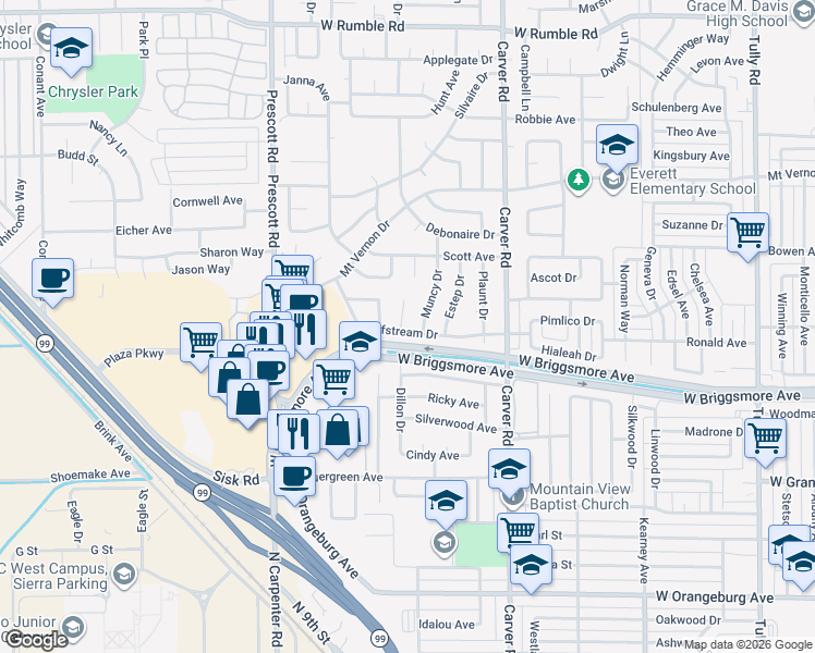 map of restaurants, bars, coffee shops, grocery stores, and more near 1902 Klemm Court in Modesto