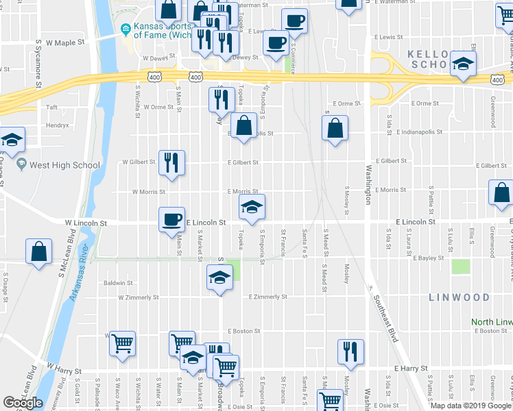 map of restaurants, bars, coffee shops, grocery stores, and more near 1117 South Emporia Street in Wichita