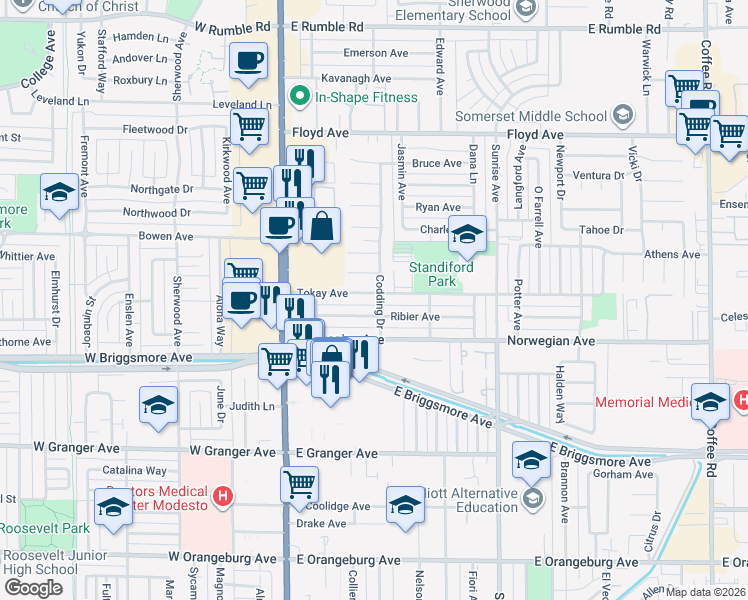 map of restaurants, bars, coffee shops, grocery stores, and more near 216 Tokay Avenue in Modesto