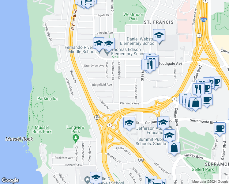 map of restaurants, bars, coffee shops, grocery stores, and more near 459 Northaven Drive in Daly City