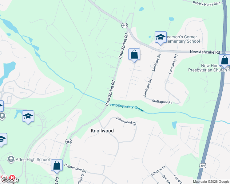 map of restaurants, bars, coffee shops, grocery stores, and more near 10010 Cool Spring Road in Mechanicsville