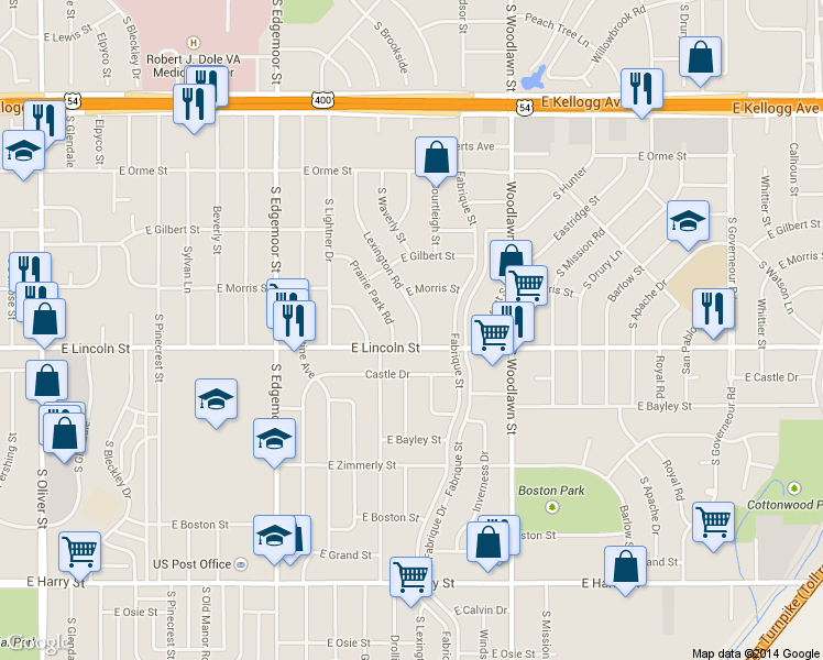 map of restaurants, bars, coffee shops, grocery stores, and more near 873 Lexington Rd in Wichita