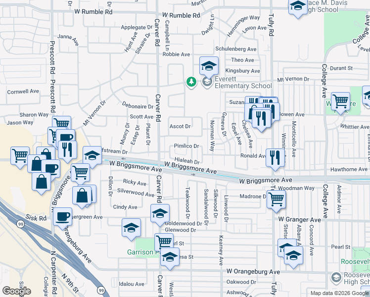 map of restaurants, bars, coffee shops, grocery stores, and more near 1604 Pimlico Drive in Modesto