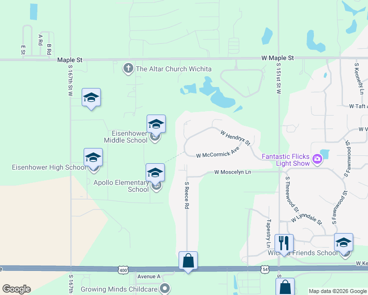 map of restaurants, bars, coffee shops, grocery stores, and more near Reece Road in Goddard