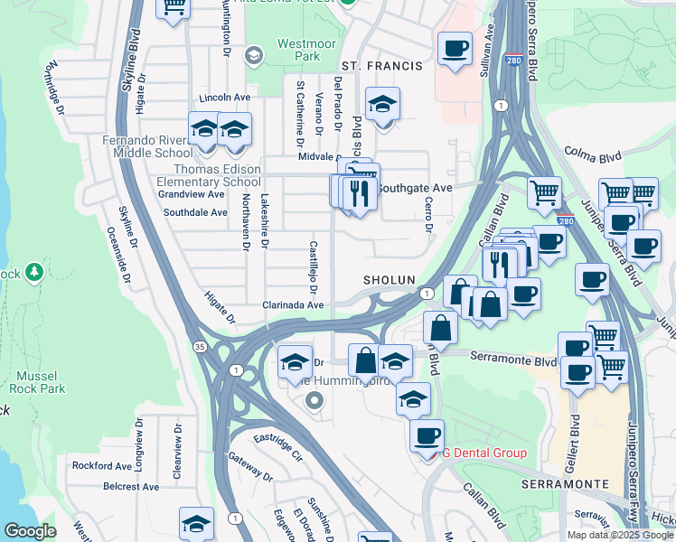 map of restaurants, bars, coffee shops, grocery stores, and more near 653 Saint Francis Boulevard in Daly City