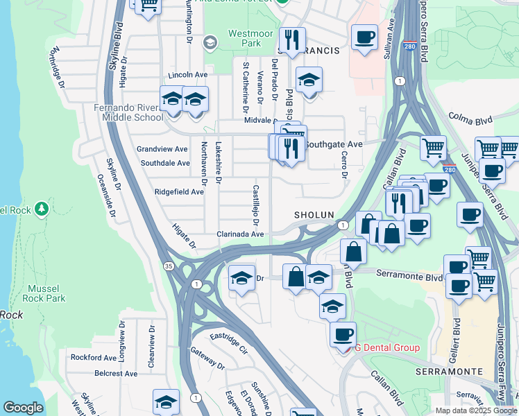 map of restaurants, bars, coffee shops, grocery stores, and more near 55 Castillejo Drive in Daly City