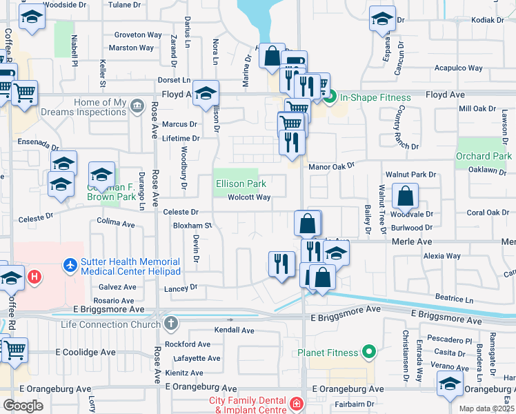 map of restaurants, bars, coffee shops, grocery stores, and more near 2055 Celeste Drive in Modesto