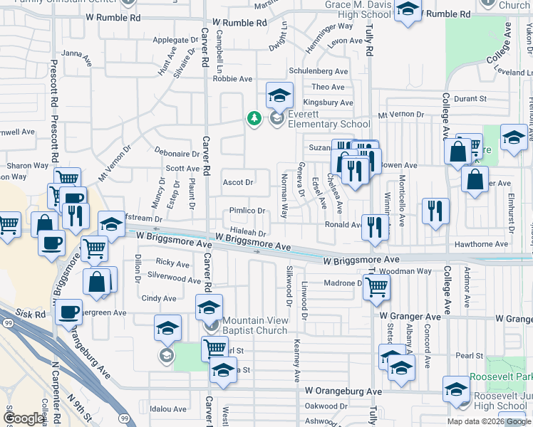 map of restaurants, bars, coffee shops, grocery stores, and more near 1536 Pimlico Drive in Modesto