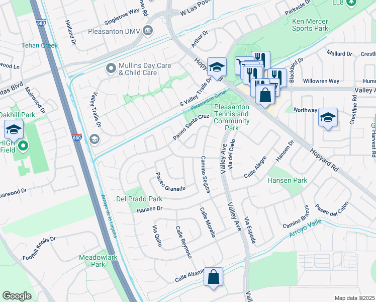map of restaurants, bars, coffee shops, grocery stores, and more near 6318 Camino del Lago in Pleasanton