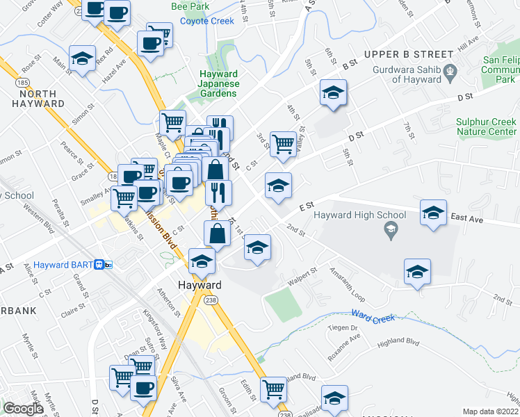 map of restaurants, bars, coffee shops, grocery stores, and more near 1175 D Street in Hayward