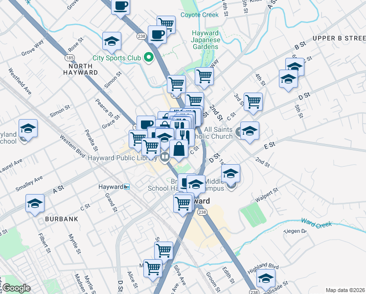 map of restaurants, bars, coffee shops, grocery stores, and more near 22650 Main Street in Hayward