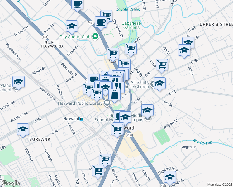 map of restaurants, bars, coffee shops, grocery stores, and more near 22650 Main Street in Hayward