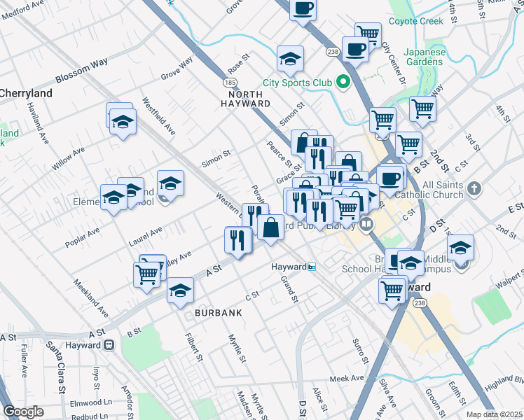 map of restaurants, bars, coffee shops, grocery stores, and more near 22378 Peralta Street in Hayward