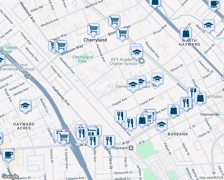 map of restaurants, bars, coffee shops, grocery stores, and more near 215 Sunset Boulevard in Hayward