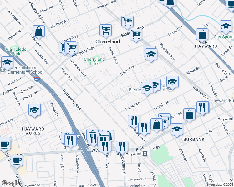 map of restaurants, bars, coffee shops, grocery stores, and more near 21893 Sunset Court in Hayward