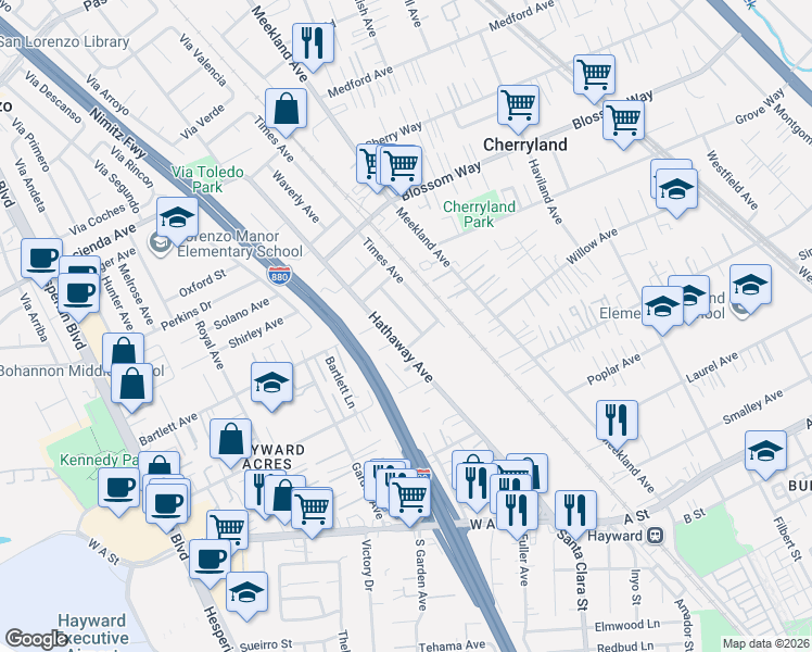 map of restaurants, bars, coffee shops, grocery stores, and more near 21233 Gribben Avenue in Hayward