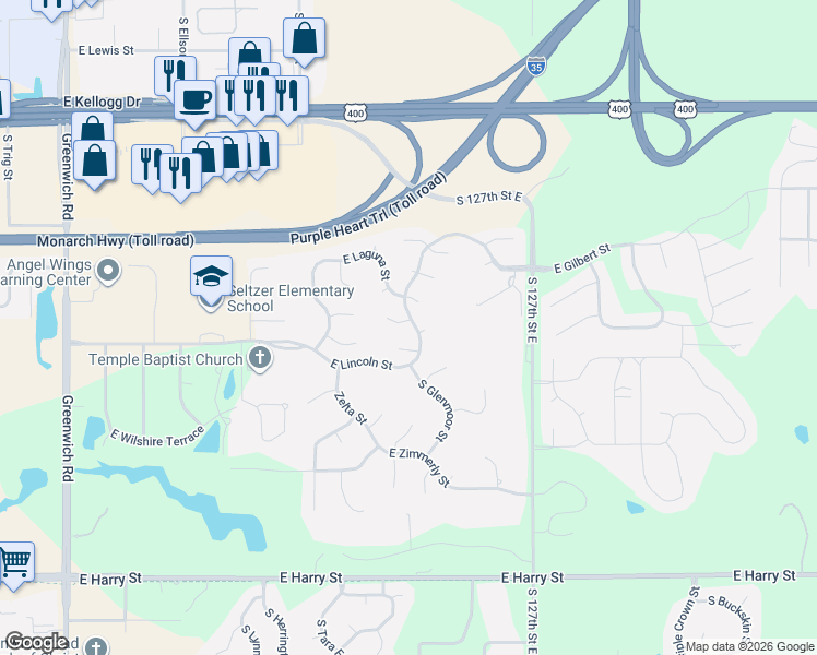map of restaurants, bars, coffee shops, grocery stores, and more near 2339 East Lincoln Court in Wichita