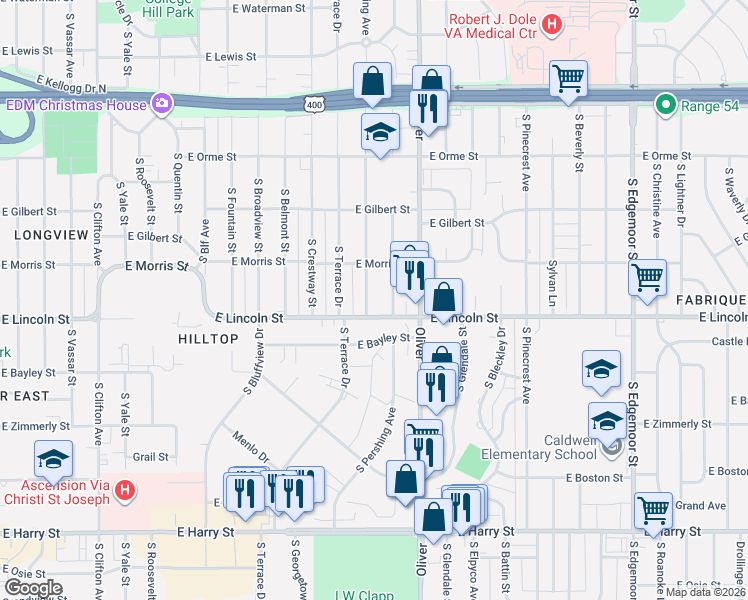 map of restaurants, bars, coffee shops, grocery stores, and more near 842 South Pershing Street in Wichita