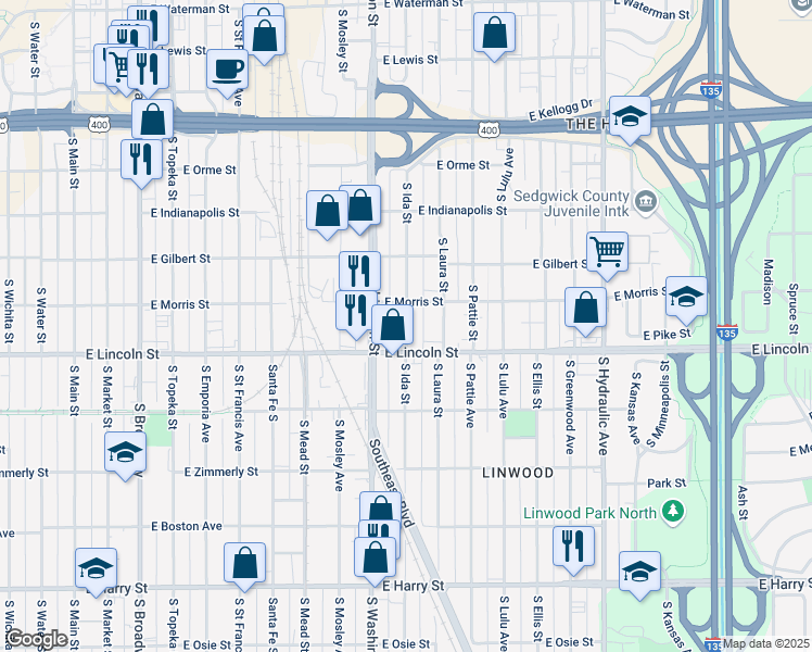 map of restaurants, bars, coffee shops, grocery stores, and more near 1130 South Ida Street in Wichita