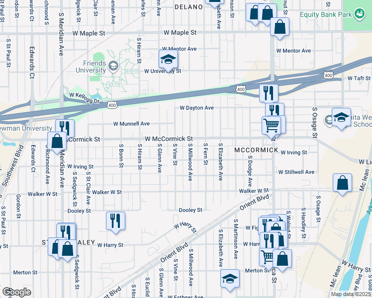 map of restaurants, bars, coffee shops, grocery stores, and more near 1023 South Millwood Avenue in Wichita