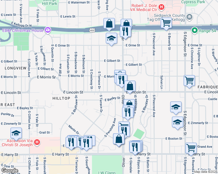 map of restaurants, bars, coffee shops, grocery stores, and more near 842 South Pershing Street in Wichita