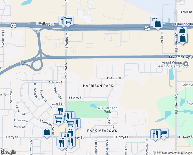 map of restaurants, bars, coffee shops, grocery stores, and more near 10000 South Goebel Circle in Wichita