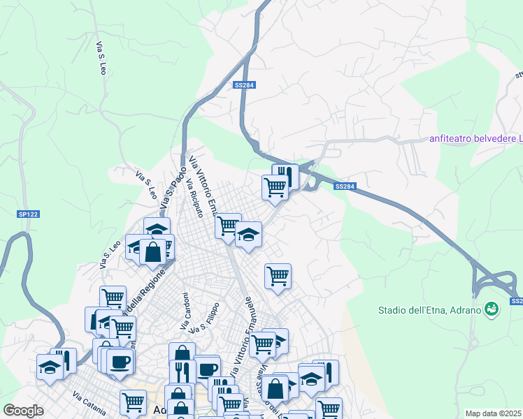 map of restaurants, bars, coffee shops, grocery stores, and more near 13 Via Sofia in Adrano
