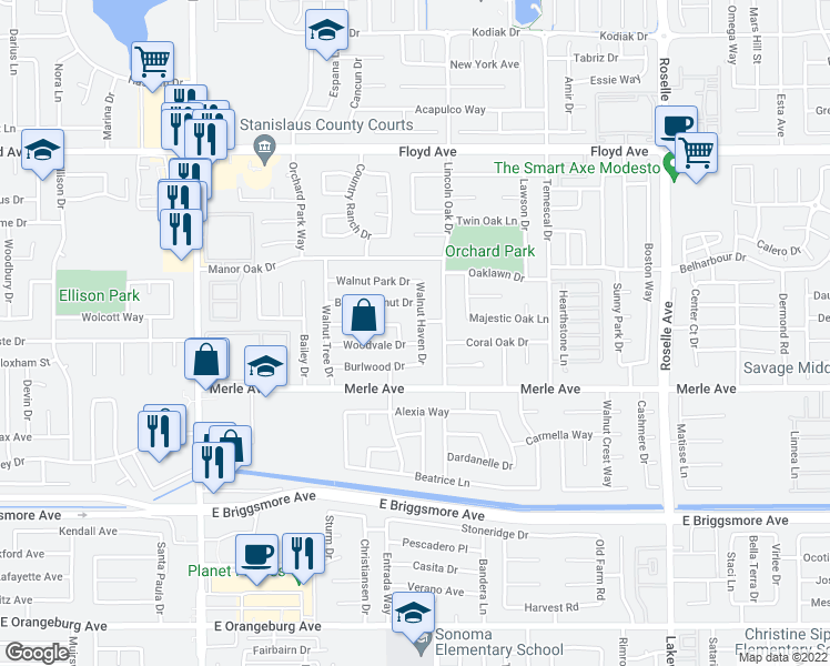 map of restaurants, bars, coffee shops, grocery stores, and more near 1933 Walnut Haven Drive in Modesto