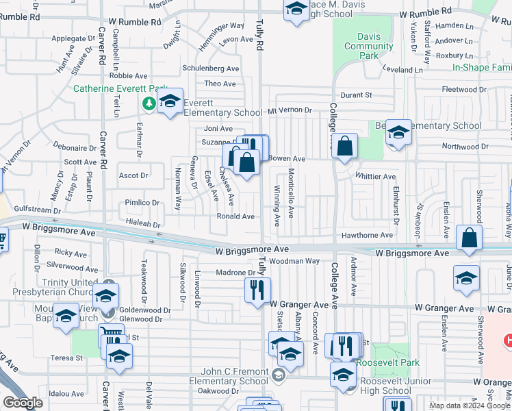 map of restaurants, bars, coffee shops, grocery stores, and more near 1909 Tully Road in Modesto