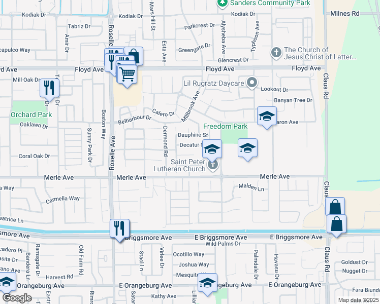 map of restaurants, bars, coffee shops, grocery stores, and more near 3217 Plantation Court in Modesto