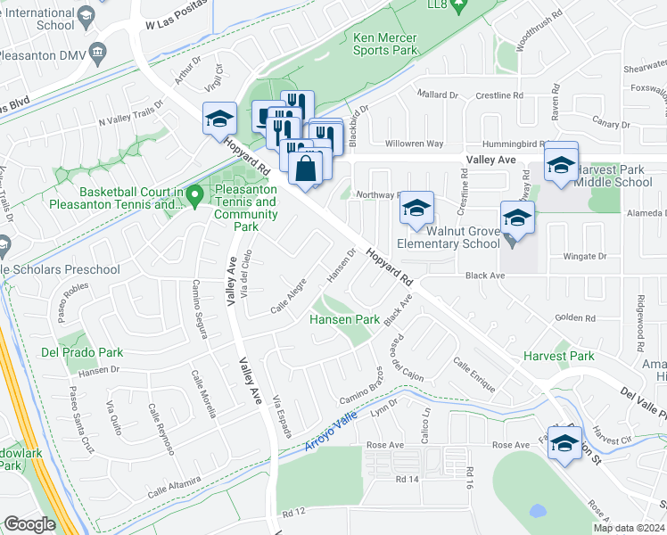 map of restaurants, bars, coffee shops, grocery stores, and more near 5796 Vía Peralta in Pleasanton