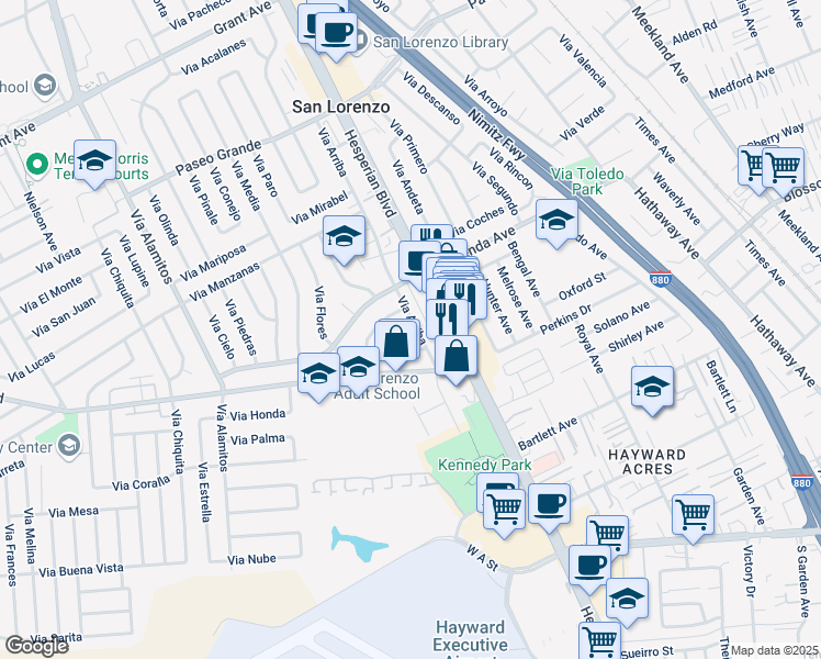 map of restaurants, bars, coffee shops, grocery stores, and more near 17729 Via Arriba in San Lorenzo