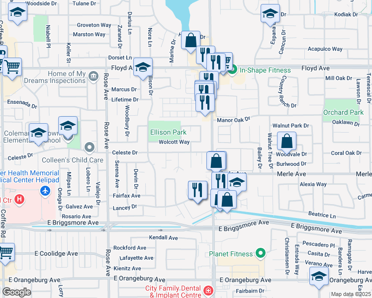 map of restaurants, bars, coffee shops, grocery stores, and more near 2055 Celeste Drive in Modesto