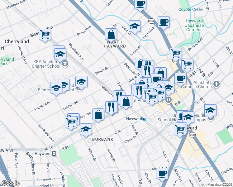 map of restaurants, bars, coffee shops, grocery stores, and more near 22336 Western Boulevard in Hayward