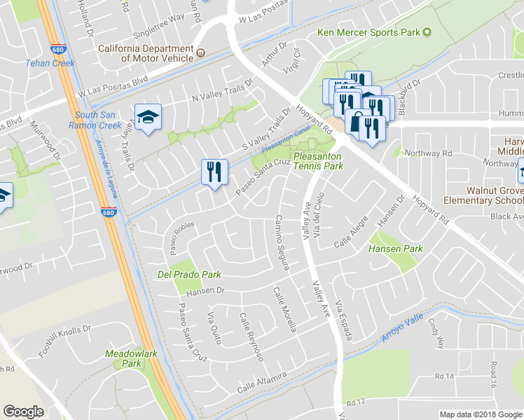 map of restaurants, bars, coffee shops, grocery stores, and more near 6318 Camino del Lago in Pleasanton