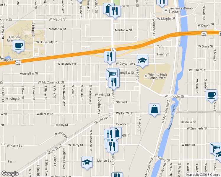 map of restaurants, bars, coffee shops, grocery stores, and more near 1023 S Seneca St in Wichita