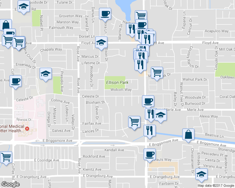 map of restaurants, bars, coffee shops, grocery stores, and more near 2031 Celeste Drive in Modesto