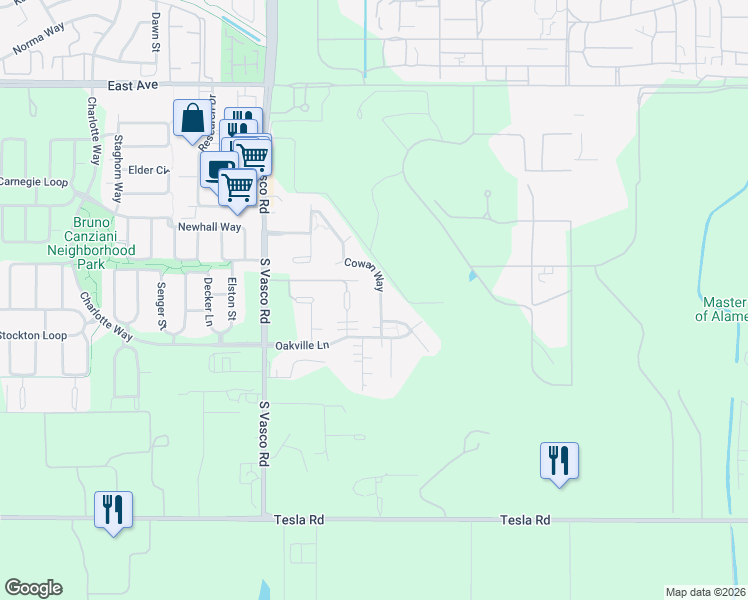 map of restaurants, bars, coffee shops, grocery stores, and more near 2643 Cowan Way in Livermore