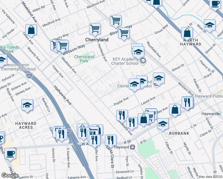 map of restaurants, bars, coffee shops, grocery stores, and more near 188 Sunset Boulevard in Hayward