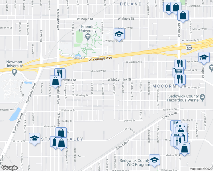 map of restaurants, bars, coffee shops, grocery stores, and more near 918 South Hiram Street in Wichita
