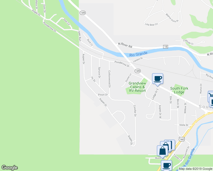 map of restaurants, bars, coffee shops, grocery stores, and more near 205 Cottonwood Dr in South Fork