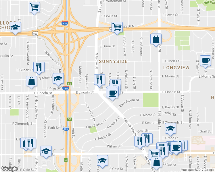 map of restaurants, bars, coffee shops, grocery stores, and more near 837 South Green Street in Wichita