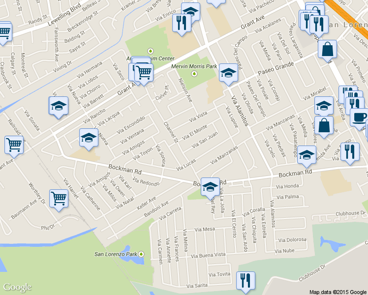 map of restaurants, bars, coffee shops, grocery stores, and more near 16176 Channel Street in San Lorenzo