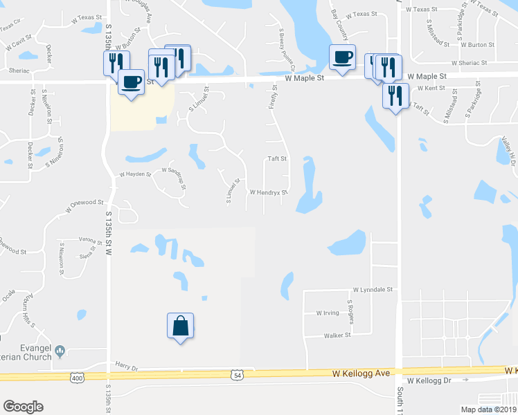 map of restaurants, bars, coffee shops, grocery stores, and more near 613 South Wheatland Circle in Wichita