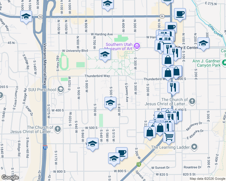 map of restaurants, bars, coffee shops, grocery stores, and more near 287 South 500 West in Cedar City