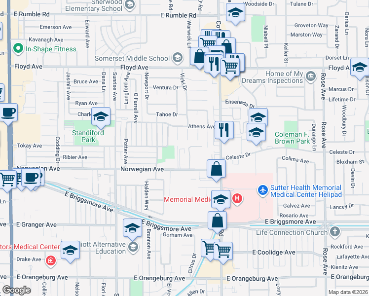 map of restaurants, bars, coffee shops, grocery stores, and more near 1177 Norwegian Avenue in Modesto